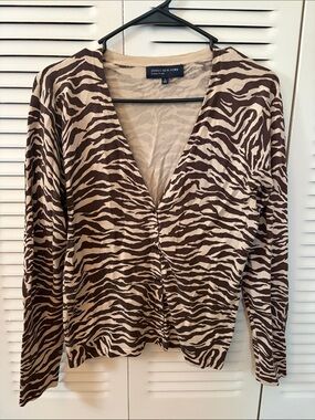 Jones New York Brown and Cream Zebra-Print V-Neck Sweater
